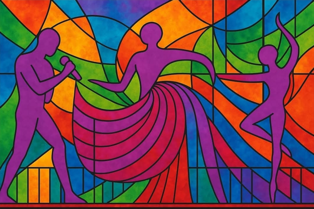 Mural multicolor con figuras de canto, danza y música